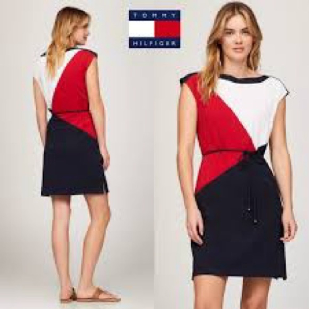 TOMMY HILFIGER Red White Blue Belted Colorblock Stretch Cotton Mini Dress Size S